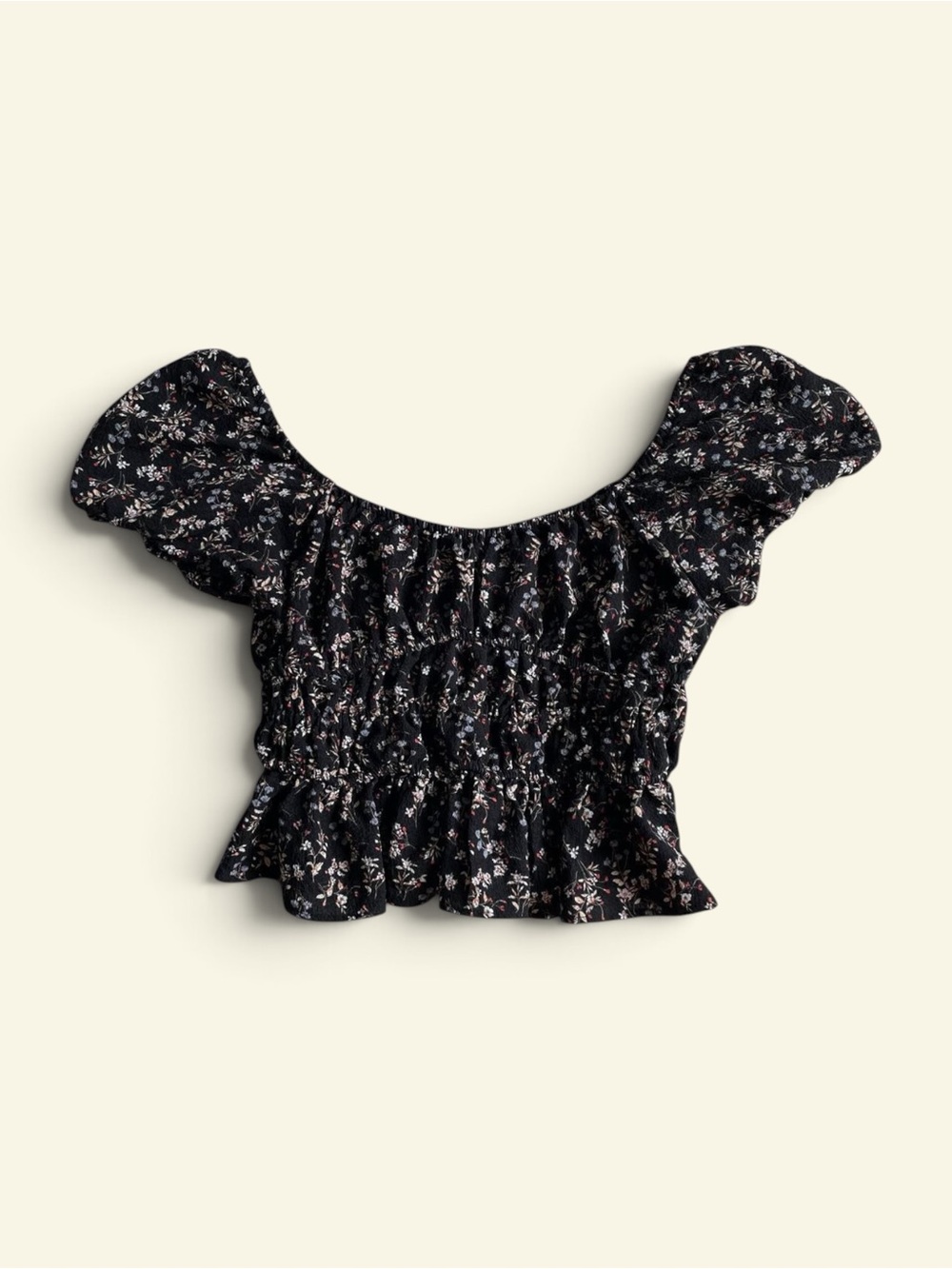 Moa Moa Black Floral Crop Top Smocked Ruffle Boho Cottagecore Medium Boho Chic